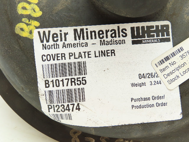 Weir B1017R55 Slurry Pump Cover Plate R55 Rubber Liner 1.5" ID x 8" x 11" OD