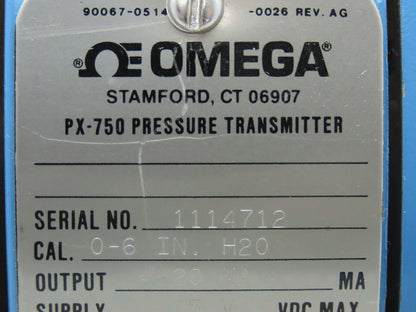 Omega PX-750 Pressure Transmitter 0-6 IN. H20 45 VDC 1000 Psi