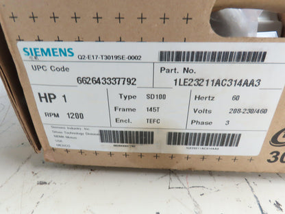Siemens 1LE23211AC314AA3  SD100 Severe Duty AC Motor 1Hp 1165rpm 230/460V 145T