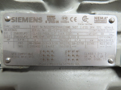 Siemens 1LE23211AC314AA3  SD100 Severe Duty AC Motor 1Hp 1165rpm 230/460V 145T