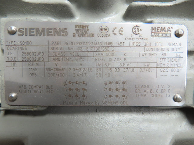 Siemens 1LE23211AC314AA3  SD100 Severe Duty AC Motor 1Hp 1165rpm 230/460V 145T