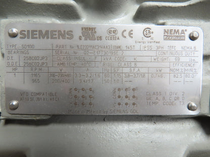 Siemens 1LE23211AC314AA3  SD100 Severe Duty AC Motor 1Hp 1165rpm 230/460V 145T