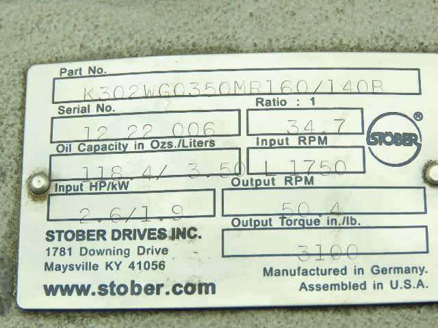 K302WG0350MR160/140B Stober Helical Gear Reducer 35:1 Ratio 40mm Hollow K Series