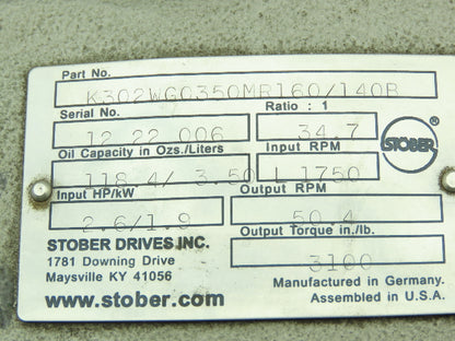 K302WG0350MR160/140B Stober Helical Gear Reducer 35:1 Ratio 40mm Hollow K Series