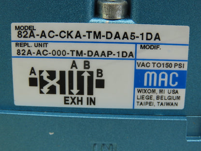 Mac 82A-AC-CKA-TM-DAA5-1DA Pneumatic Solenoid Control Valve 150PSI 110/120V Coil