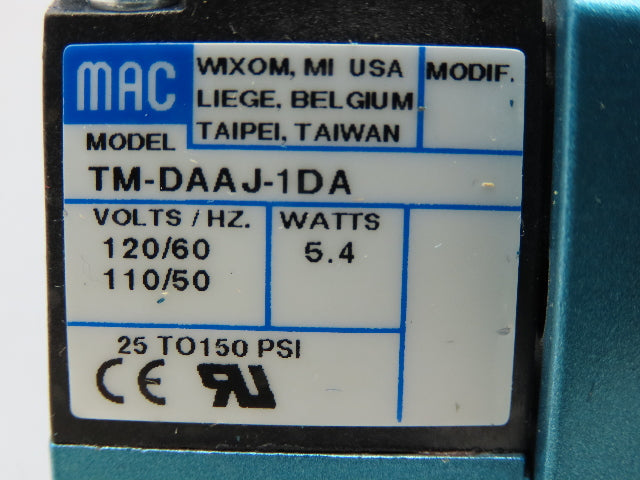 Mac 82A-AC-CKA-TM-DAA5-1DA Pneumatic Solenoid Control Valve 150PSI 110/120V Coil