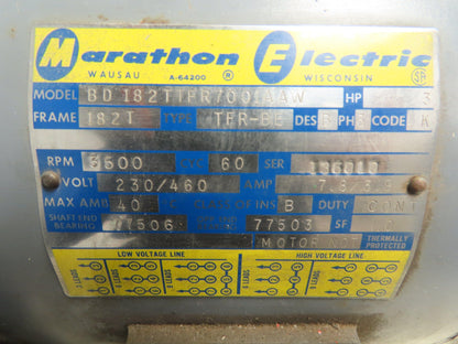Marathon BD 182TTFR7001AAW Electric AC Motor 3Hp 3Ph 230/460V 3500RPM 182T