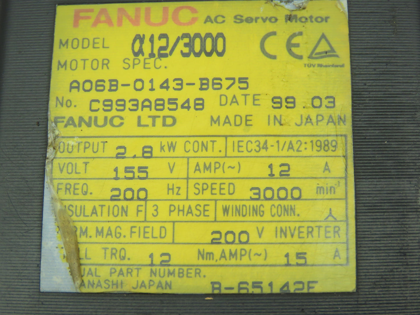 Fanuc A06B-0143-B675 Servo Motor Pulsecoder 2.8KW 155V 3000RPM