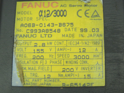 Fanuc A06B-0143-B675 Servo Motor Pulsecoder 2.8KW 155V 3000RPM