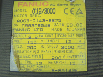 Fanuc A06B-0143-B675 Servo Motor Pulsecoder 2.8KW 155V 3000RPM