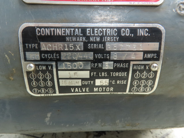 Continental Electric ACHR15X Valve Motor 3Ph 460V 1500RPM 15Ft Lb Torque 7.5HPH