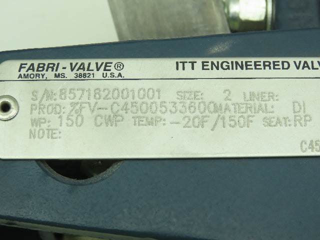 ITT Fabri-Valve Pneumatic Air Actuator 2" Knife Gate Valve 4-Lug 150PSI