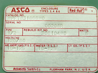 Asco Red-Hat WPFT831666M0 Pneumatic Solenoid Valve 125PSI 110/120V 1/2"NPT 3-Way