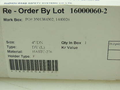 BS&B Safety Systems Rupture Disk 4" Type DV(L) 20.3 psi(G) @ 72°F