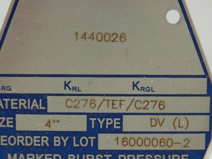 BS&B Safety Systems Rupture Disk 4" Type DV(L) 20.3 psi(G) @ 72°F
