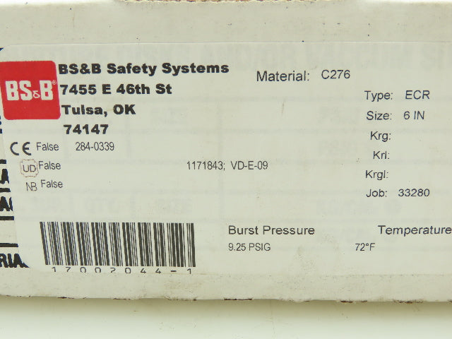 BS&B Safety Systems 1171843;VD-E-09 Rupture Disk 6" Type FCR 9.25 psi(G) @ 72°F