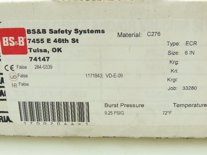 BS&B Safety Systems 1171843;VD-E-09 Rupture Disk 6" Type FCR 9.25 psi(G) @ 72°F