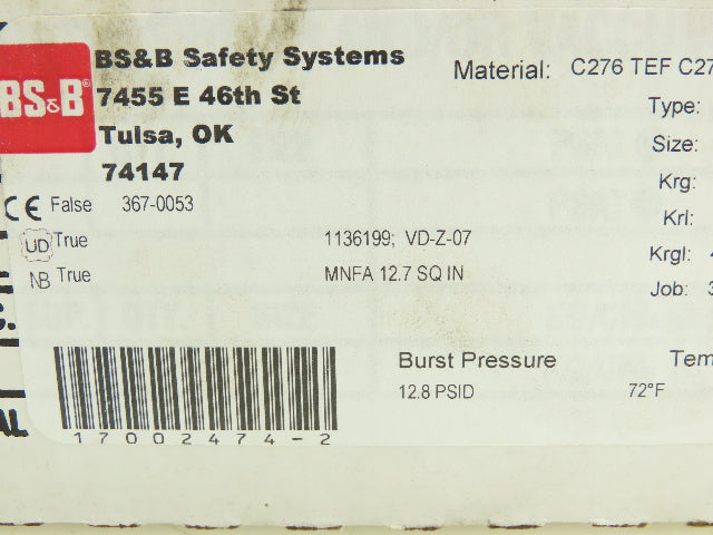 BS&B Safety Systems 1136199;VD-Z-07 Rupture Disk 6" Type AV 12.8 psi(G) @ 72°F