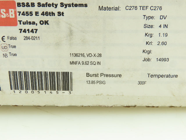 BS&B Safety Systems 1136216 Rupture Disk 4" Type DV 13.85 psi(G) @ 300°F
