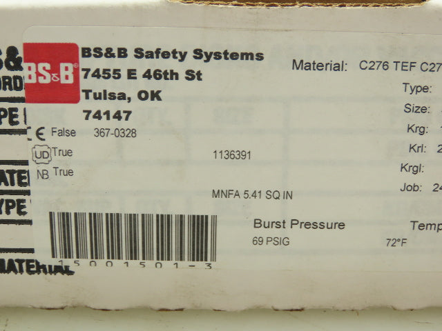 BS&B Safety Systems 1136391 Rupture Disk 3" Type DV 69 psi(G) @ 72°F