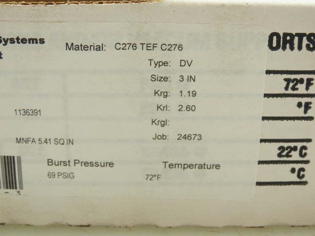 BS&B Safety Systems 1136391 Rupture Disk 3" Type DV 69 psi(G) @ 72°F