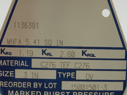 BS&B Safety Systems 1136391 Rupture Disk 3" Type DV 69 psi(G) @ 72°F
