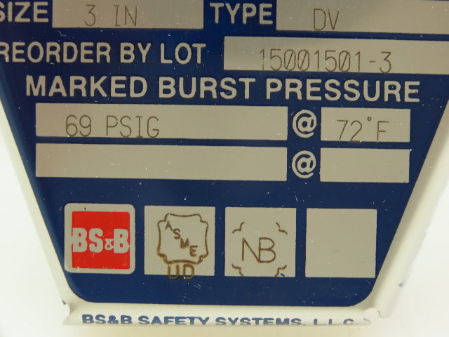 BS&B Safety Systems 1136391 Rupture Disk 3" Type DV 69 psi(G) @ 72°F