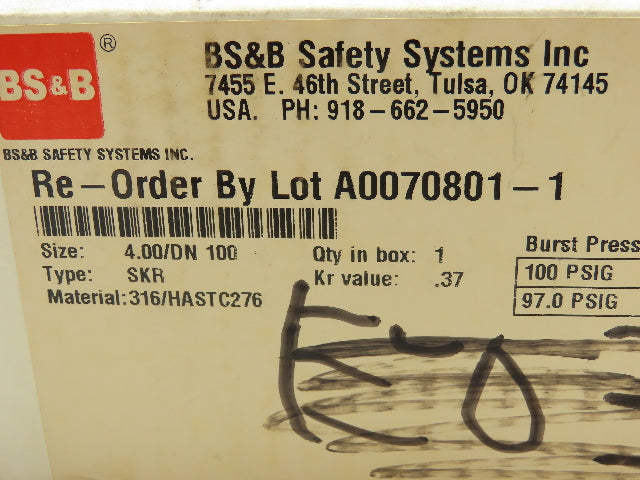 BS&B Safety Systems Rupture Disk 4" Type SKr 100 psig @ 72°F 97 psig @ 150°F