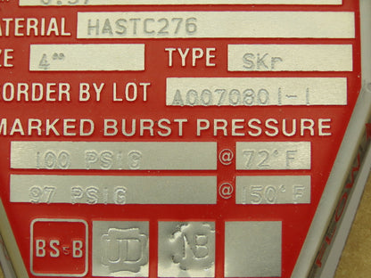 BS&B Safety Systems Rupture Disk 4" Type SKr 100 psig @ 72°F 97 psig @ 150°F