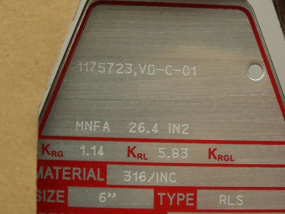 BS&B Safety Systems 1175723,VD -C-01 Rupture Disk 6" Type RLS 150 psi(G) @ 640°F