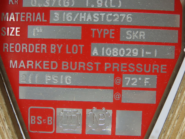 BS&B Safety Systems 048851 BIN VD-Z-15 Rupture Disk 1" Type SKR 211 PSIG @ 72°F