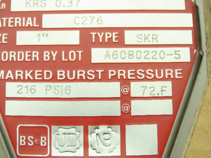 BS&B Safety 048851,BIN#VD-Z-15 Systems Rupture Disk 1" Type SKR 216 PSIG @ 72°F