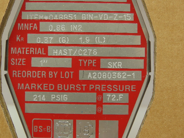 BS&B Safety Systems 048851 BIN-VD-Z-15 Rupture Disk 1" Type SKR 214 PSIG @ 72°F