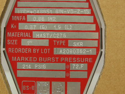 BS&B Safety Systems 048851 BIN-VD-Z-15 Rupture Disk 1" Type SKR 214 PSIG @ 72°F