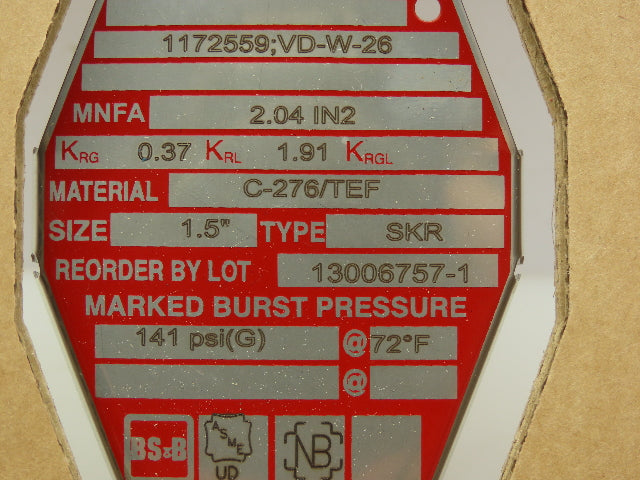 BS&B Safety Systems 1172559;VD-W-26 Rupture Disk 1.5" Type SKR 141 PSIG @ 72°F