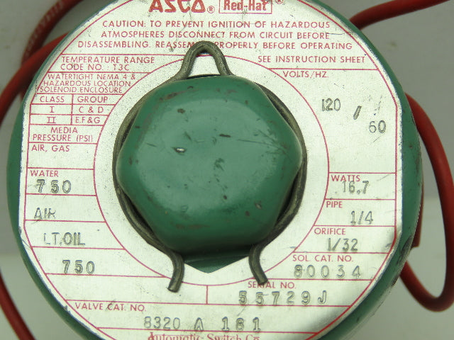 Asco Red-Hat 8320 A 181 Pneumatic Solenoid Valve 3-Way 1/4"NPT 750PSI 120V Coil