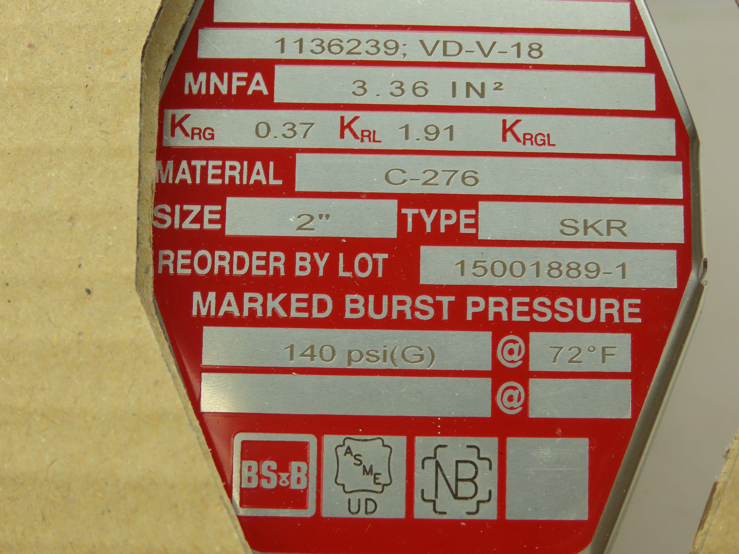 BS&B Safety Systems 1136239; VD-V-18 Rupture Disk 2" Type SKR 140 PSIG @ 72°F