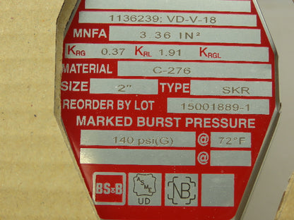 BS&B Safety Systems 1136239; VD-V-18 Rupture Disk 2" Type SKR 140 PSIG @ 72°F