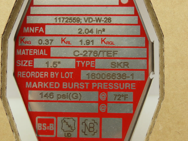 BS&B Safety Systems 1172559; VD-W-26 Rupture Disk 1.5" Type SKR 146 PSIG @ 72°F