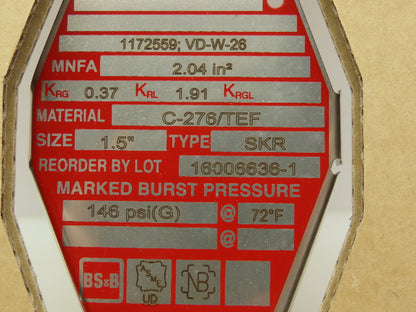 BS&B Safety Systems 1172559; VD-W-26 Rupture Disk 1.5" Type SKR 146 PSIG @ 72°F