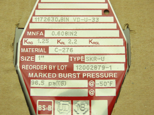 BS&B Safety Systems Rupture Disk 1" Type SKR-U 96.6 PSIG @ -50°F