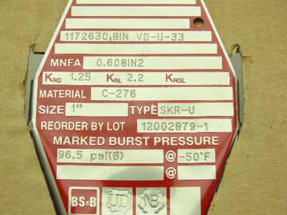 BS&B Safety Systems Rupture Disk 1" Type SKR-U 96.6 PSIG @ -50°F