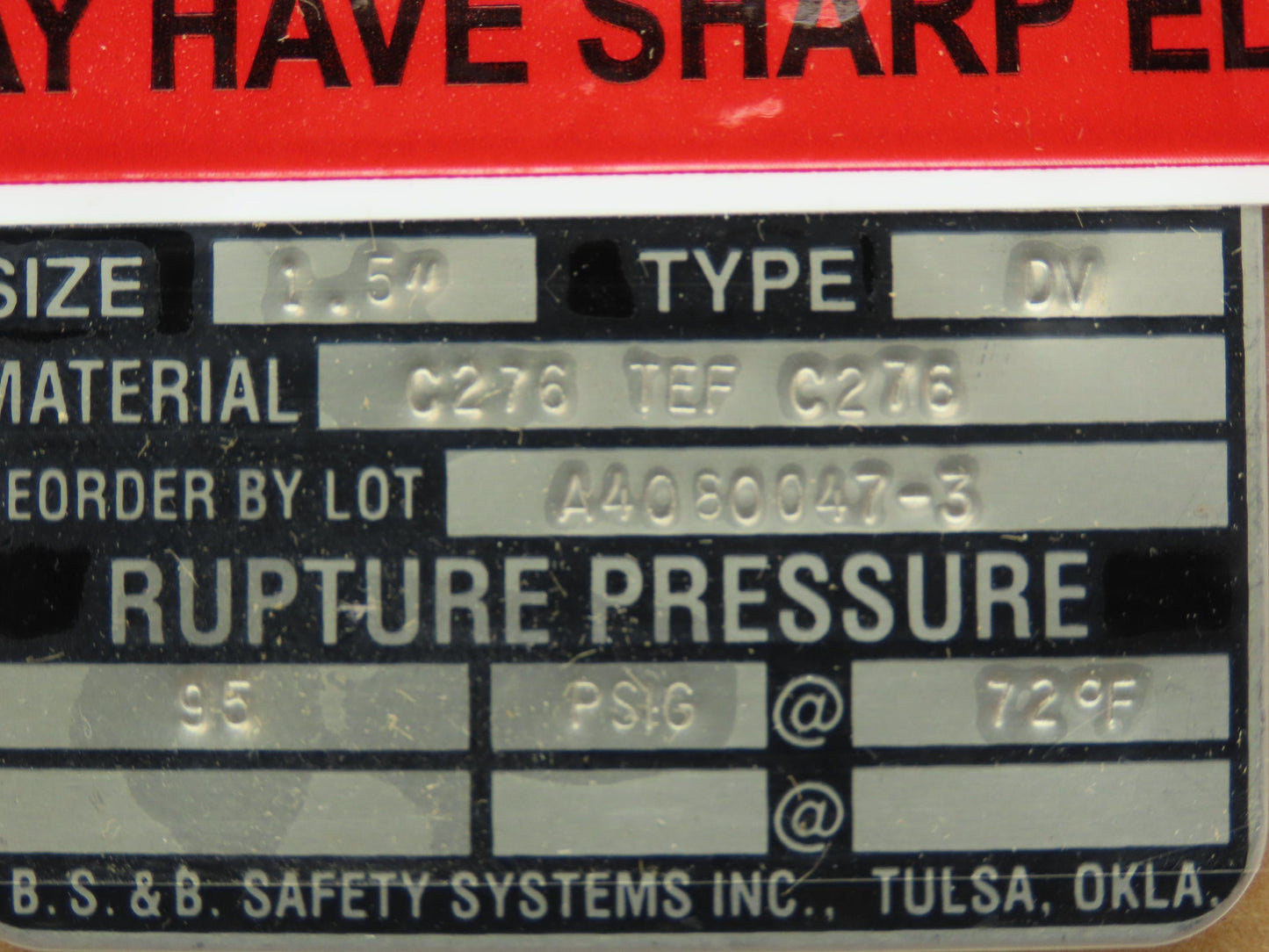 BS&B Safety Systems Rupture Disk 1.5" Type DV 95 PSIG @ 72°F