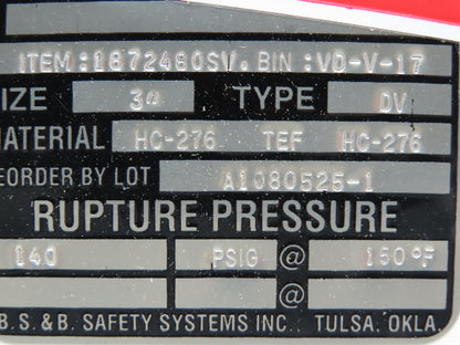 BS&B Safety Systems Rupture Disk 3" Type DV 140 PSIG @ 150°F