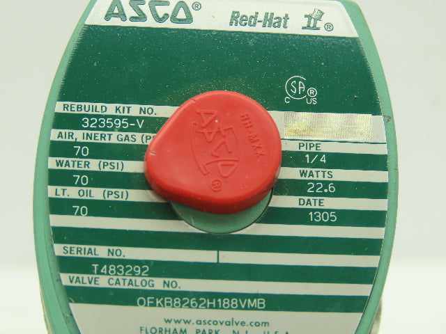 Asco Red-Hat OFKB8262H188VMB Numatic Solenoid Valve SS 2-Way 1/4"NPT 70PSI 24DC
