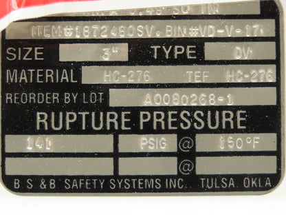 BS&B Safety Systems Rupture Disk 3" Type DV 141 PSIG @ 150°F
