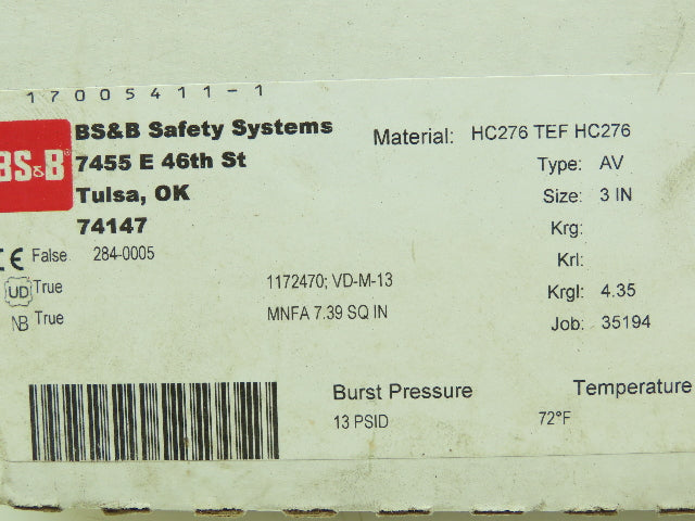 BS&B Safety Systems 1172470; VD-M-13 Rupture Disk 3" Type AV 13 PSIG @ 72°F