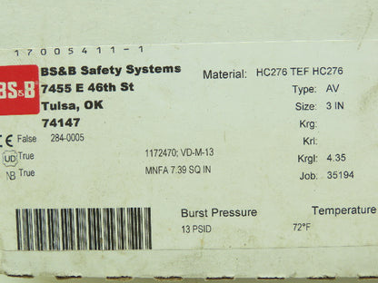 BS&B Safety Systems 1172470; VD-M-13 Rupture Disk 3" Type AV 13 PSIG @ 72°F