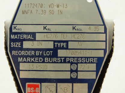 BS&B Safety Systems 1172470; VD-M-13 Rupture Disk 3" Type AV 13 PSIG @ 72°F