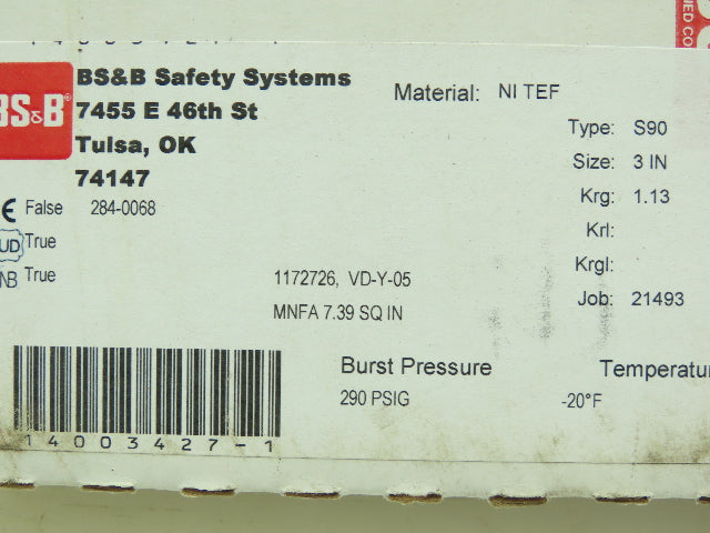 BS&B Safety Systems 1172726, VD-Y-05 Rupture Disk 3" Type S90 290 PSIG @ -20°F